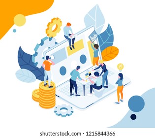 vector illustration. team work on the business. research and application of business ideas. little people on the robot among laptops. teamwork process