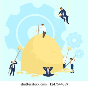 Vector Illustration Of Team Work Process. People In Business Suits Collecting Hay To One Big  Haystack. Team Building Activity. Roles And Responsibilities  Concept.