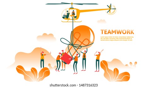 vector illustration team work, search for new ideas, teamwork in the company, brainstorming, lift the bulb by helicopter ,work together thought process as a team. - Vector
