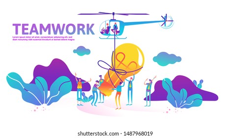 vector illustration team work, search for new ideas, teamwork in the company, brainstorming, lift the bulb by helicopter ,work together thought process as a team. - Vector