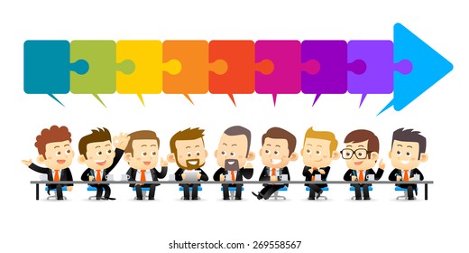 Vector illustration of Team Working In Office.Successful Business Partners Discussing Ideas under a puzzle of arrow sign At Meeting. Caucasian People.