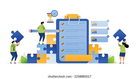 Vector illustration of Teamwork in Action. Completing Tasks with Checklists and Surveys. Collaboration Solution. Planning and Assessing Progress. Can use for ad, poster, campaign, website, apps