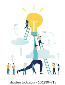 Vector illustration, teamwork, brainstorming, searching for new creative ideas, employees caught the idea - Vector 