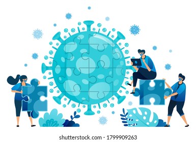 Vector illustration of teamwork and brainstorming to solve problems and find solutions during the covid-19 virus pandemic. Symbol of collaboration, virus, puzzle. Landing page, web, website, banner