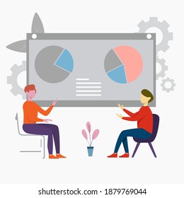 ilustración vectorial. Trabajo en equipo de analistas de negocios, gente discutiendo datos de inicio y análisis. carácter moderno y plano de la gente. 