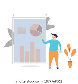 vector illustration. Teamwork of business analysts, man pointing to analytical data on webpage. modern flat people character. 