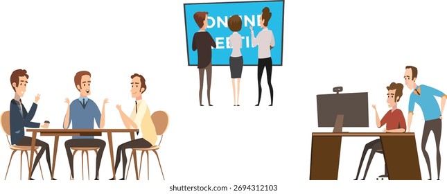 Ilustración vectorial de trabajo en equipo y colaboración empresarial. Tres Equipos que tienen reuniones, uno en la mesa, uno con la discusión del ordenador portátil, y otro en la reunión en línea. Perfecto para el concepto corporativo de oficina.