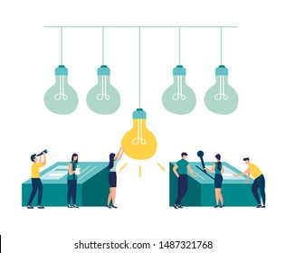 Vector illustration, teamwork, business concept for teamwork, finding new solutions, producing ideas, brainstorming