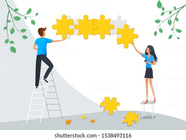 Vector illustration of teamwork business concept. Team metaphor. Group of people connecting puzzle objects. Flad design element or infographic of teamwork, brainstorming, cooperation and partnership 