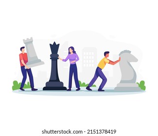 Vector illustration teamwork business concept. Team of diverse man and woman business people colleagues playing giant chess together. Vector illustration in a flat style