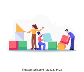 Teamkonzept für Vektorgrafik-Teamwork. Die Menschen ordnen abstrakte geometrische Formen, die um sie verstreut sind. Vektorgrafik im Flachstil
