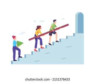 Concepto de negocio de trabajo en equipo de ilustración de vectores. Equipo de gente de negocios que sube escaleras juntos trae formas geométricas. Ilustración vectorial en un estilo plano