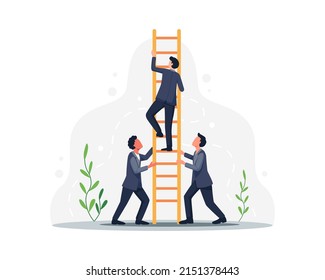 Vector illustration teamwork business concept. Group of employees climbing up together and supporting. Vector illustration in a flat style