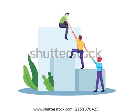 Vector illustration teamwork business concept. Group of employees climbing up together and supporting. Vector illustration in a flat style