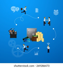 Vector illustration of teamwork, business template with flat icons.