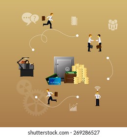 Vector illustration of teamwork, business template with flat icons.