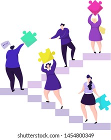 Vector illustration. Teamwork concept. Business. Men. Team work. Partnership. Achievement of goals. Task solution. Office work. Puzzle