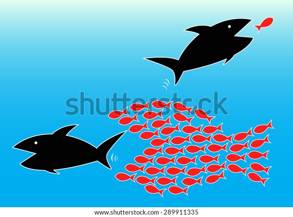 Vector illustration of teamwork concept by\
harmony of small fishes can eat big fish\
