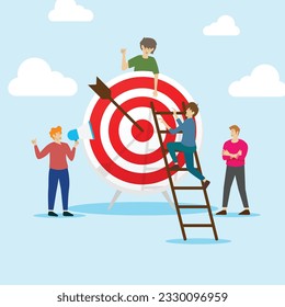 Vector illustration teamwork concept design People with giant archery target and arrow