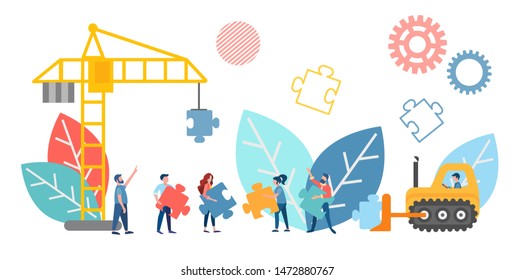 Vector illustration of teamwork concept. Office workers work on the project, a metaphor for construction, labor organization using the symbols of tractor and crane construction and puzzles as parts of