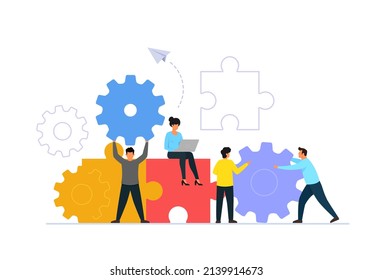 Vector illustration of teamwork concept. People characters working with giant puzzle and gears. Team building. Solving problem.