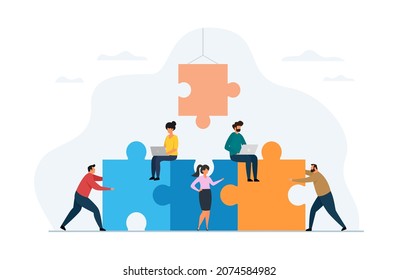 Vector illustration of Teamwork concept. Team people working together with giant puzzle elements.