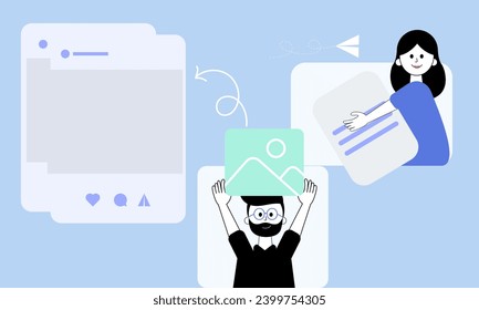 Vector illustration of teamwork of designer, community manager, seo. Content creation for social networks, planning and strategy work.