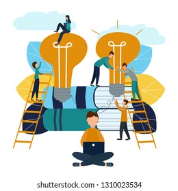 Vector illustration, teamwork, employees caught the idea, searching for new creative ideas.