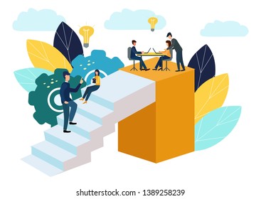 Vector illustration, teamwork, employees caught the idea, searching for new creative ideas