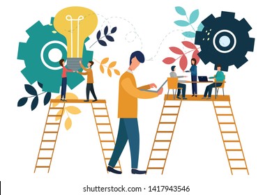Vector illustration, teamwork, employees caught the idea, searching for new creative ideas