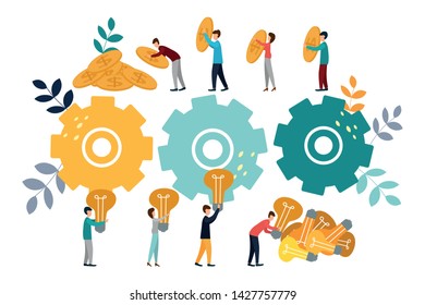 Vector illustration, teamwork, employees caught the idea, searching for new creative ideas