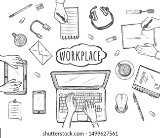 Vector illustration of teamwork environment. People team working at desk top view. Hands typing on laptop, writing into notepad, scrolling on tablet, drawing on paper sheet. Vintage hand drawn style.