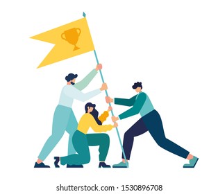 Vector illustration, teamwork, goal achievement, flag as a symbol of success and heights vector - Shutterstock ID 1530896708