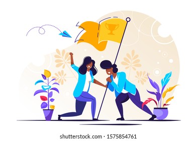 Vector illustration, teamwork, goal achievement, flag as a symbol of success and heights