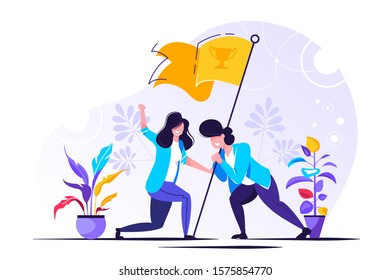 Vector illustration, teamwork, goal achievement, flag as a symbol of success and heights