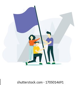 Vector illustration, teamwork, goal achievement, flag as a symbol of success and heights. Composition with group of managers, employees or office workers climbing up together and supporting each other