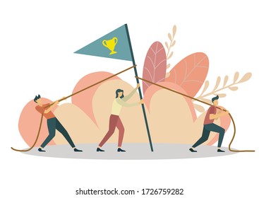 Vector illustration, teamwork, goal achievement, flag as a symbol of success and heights.