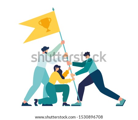 Vector illustration, teamwork, goal achievement, flag as a symbol of success and heights vector