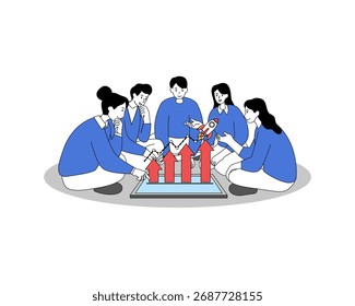 Vektorgrafik der Teamarbeit mit einem Meeting zur Planung des Unternehmenswachstums, das Zusammenarbeit, Strategie, Führung, Kommunikation und Erfolg am Arbeitsplatz symbolisiert.