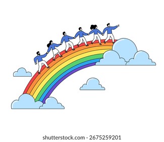 Ilustración vectorial del trabajo en equipo, de tomarse de la mano y caminar sobre un arco iris, simbolizando la unidad, la esperanza, el éxito y el brillante viaje de colaboración en los negocios y la vida.