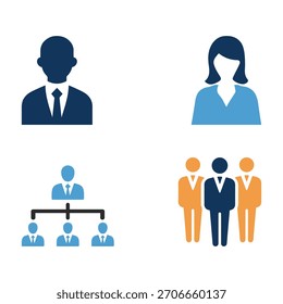 Ilustración vectorial de iconos de silueta de trabajo en equipo y recursos humanos para Personas de grupo, hombre de negocios, mujer de negocios y jerarquía
