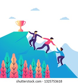Vector illustration of teamwork and leadership. Helping each other climbing up to the top of mountain for goal, achievement, Business, success.
