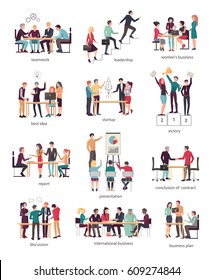 Vector illustration of teamwork leadership, women's business, best idea, startup, victory, report presentation with chart, conclusion of contract, discussion, international business, business plan.