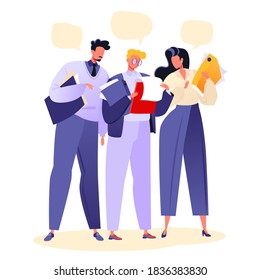 Vector illustration teamwork, office with people concept. Colleagues discuss details of contract before signing, interview, approval, meeting. Young office workers man and woman in flat cartoon style.