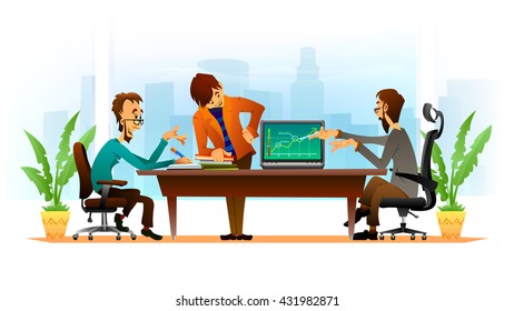 Vector illustration of teamwork in the office. Several colleagues discuss future plans.