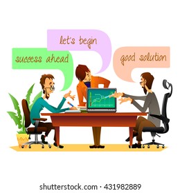 Vector illustration of teamwork in the office. Several colleagues discuss future plans.