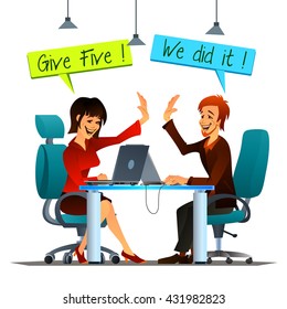 Vector illustration of teamwork in the office. Smiling  male and female colleagues giving " high five" to each other. 