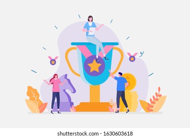 Vector Illustration, Teamwork Success Concept, Showing A Company Team Enjoying Award Trophy, Suitable for landing page, ui, web, App intro card, editorial, flyer,and banner