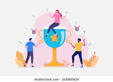 Vector Illustration, Teamwork Success Concept, Showing A Company Team Enjoying Award Trophy, Suitable for landing page, ui, web, App intro card, editorial, flyer,and banner