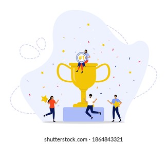 Ilustración vectorial, Concepto de éxito en equipo, Mostrar un equipo de la empresa disfrutando del premio Trofeo, Adecuado para la página de inicio, ui, web, tarjeta de introducción de aplicaciones, editorial, volante y banner